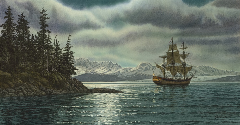 Cook's Ship HMS Resolution under the Northern Lights